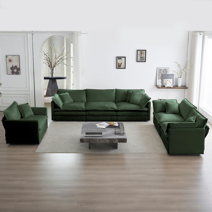 Modern 3-Piece Extra Deep Sectional Sofa Set, Green Chenille Oversized Couch with 3-Seat, Loveseat & Single Chair