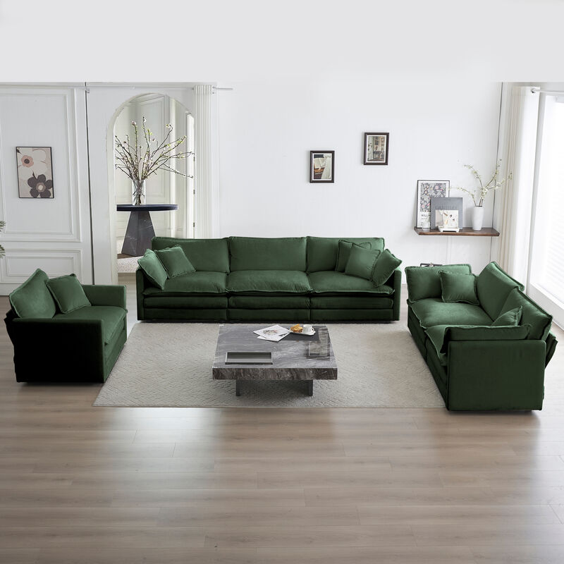 Modern 3-Piece Extra Deep Sectional Sofa Set, Green Chenille Oversized Couch with 3-Seat, Loveseat & Single Chair