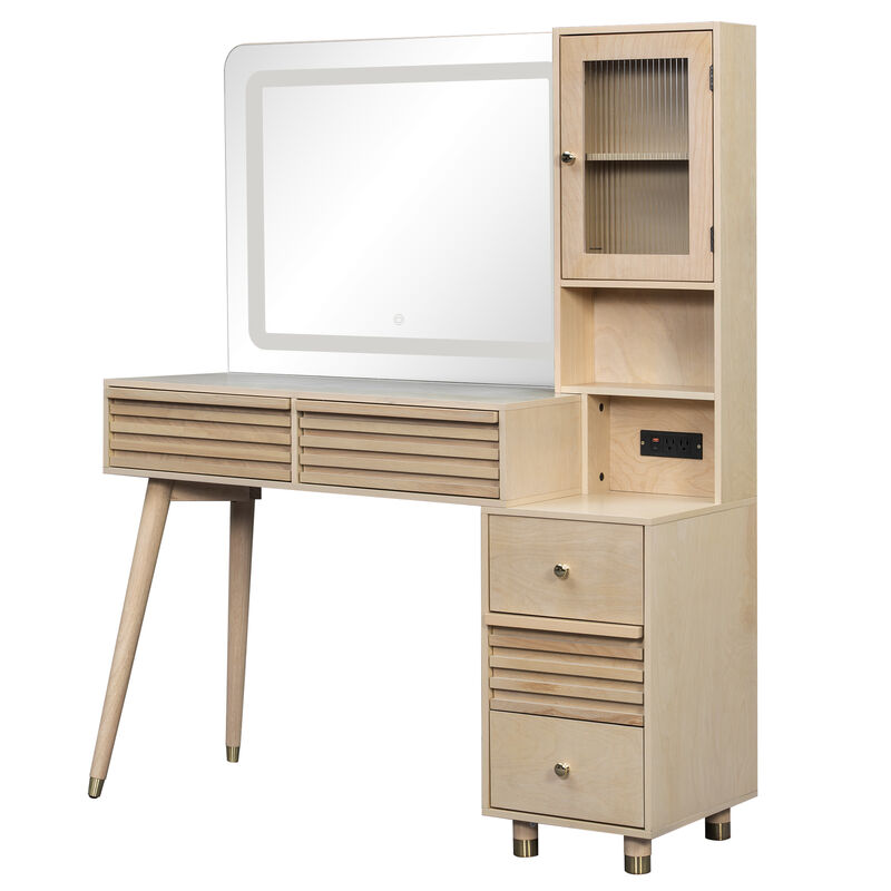 Merax 5-Drawer LED Vanity Table with Fluted Glass Cabinet, 3-Color Lighting, Charging Station image number 0