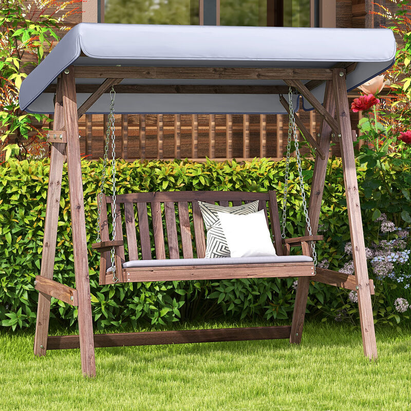 2-Person Porch Swing with Fir Wood Stand and Tilt Canopy