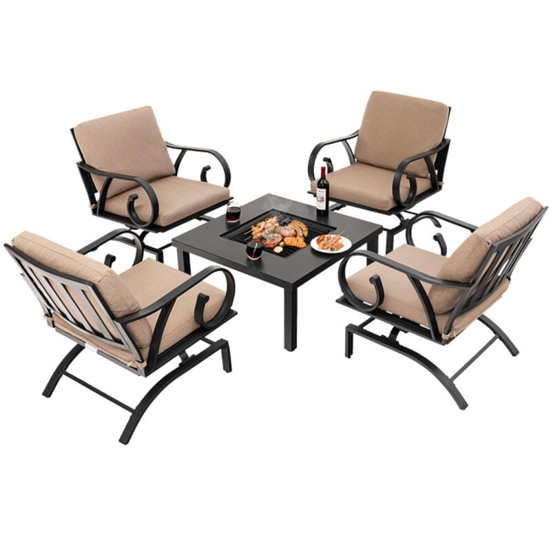 Hivvago 5 Pieces Patio Rocking Chairs and 4-in-1 Fire Pit Table with Fire Poker