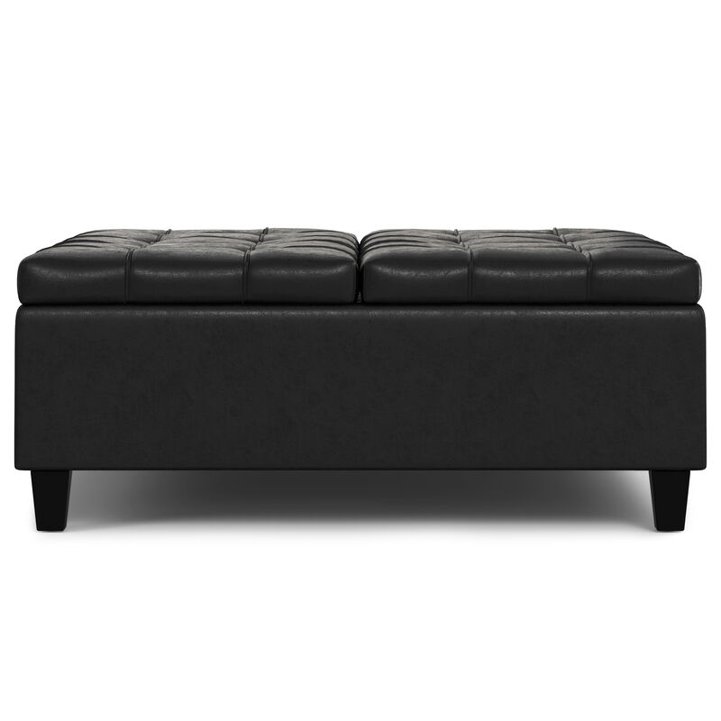 Harrison 40 inch Wide Transitional Square Large Coffee Table Storage Ottoman in Distressed Black Vegan Faux Leather, Assembled