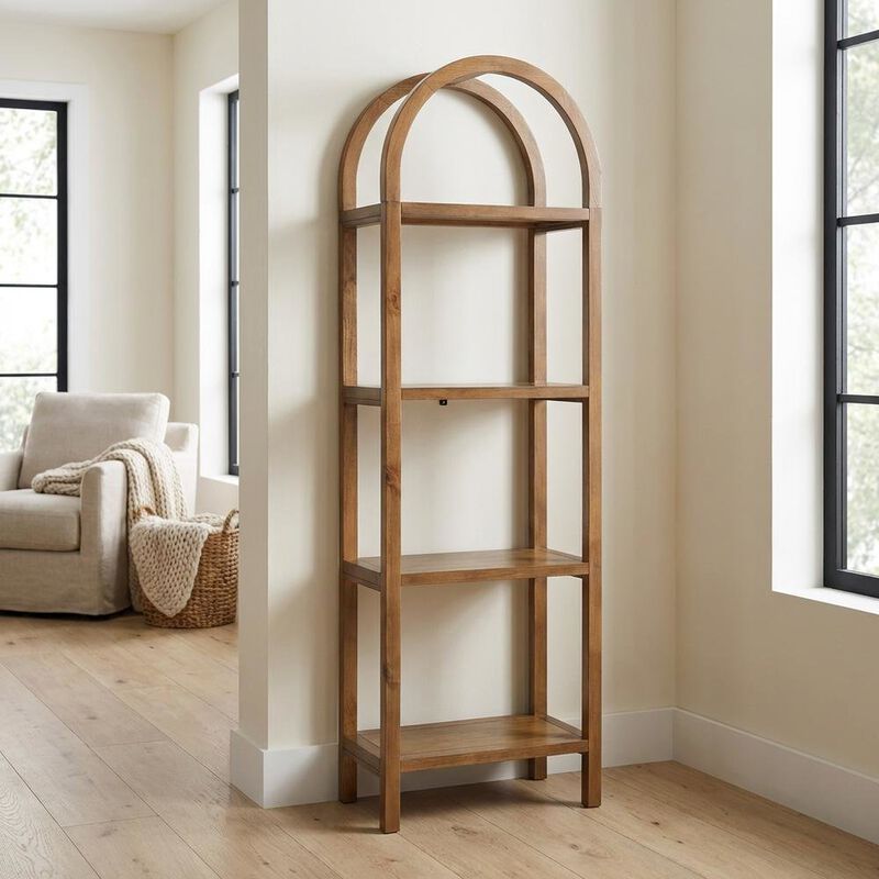 Tall brown arched bookshelf with engineered wood frame for stylish storage image number 5