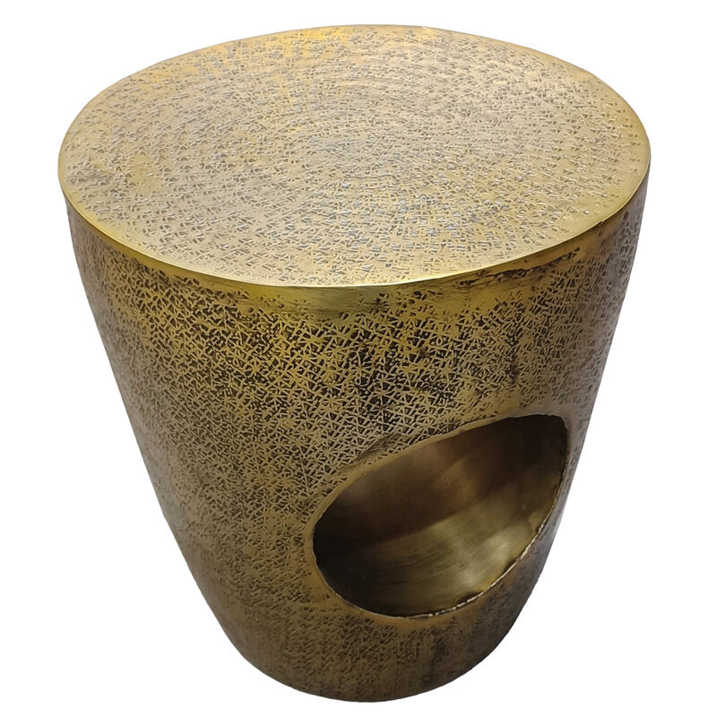 Nala 17 Inch Side End Table, Tapered Drum Shape with Unique Hollow Center, Antique Brass Aluminum - Benzara