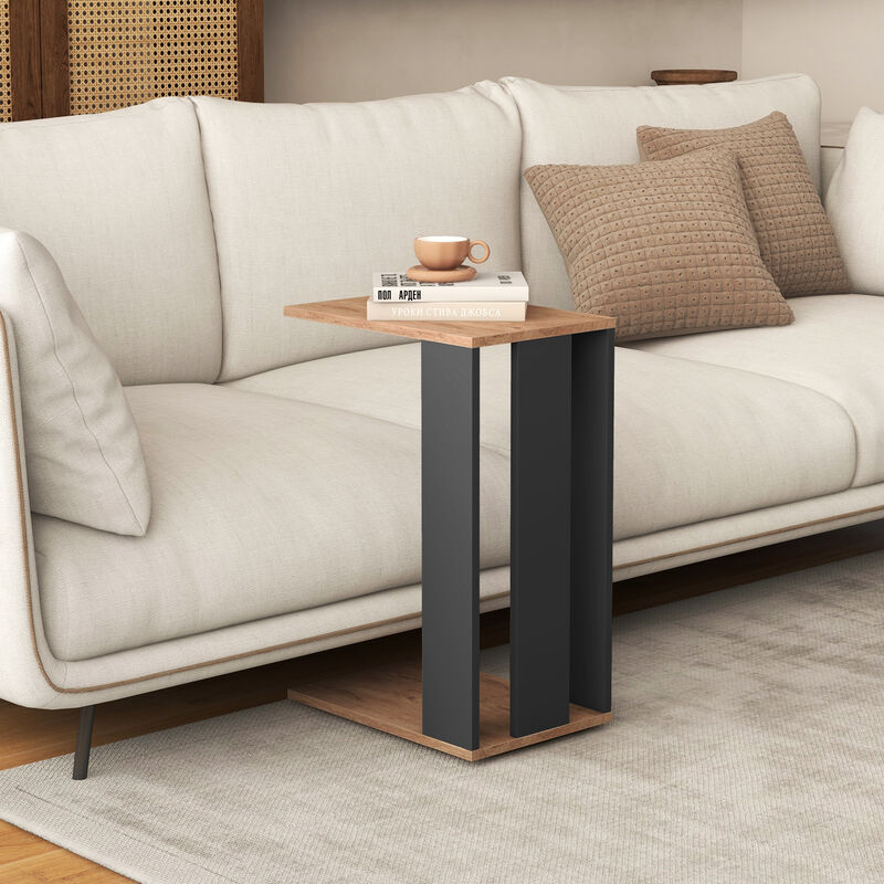 Mobile 2-Tier C-Shaped Side Table with Storage Shelf and Rolling Wheels