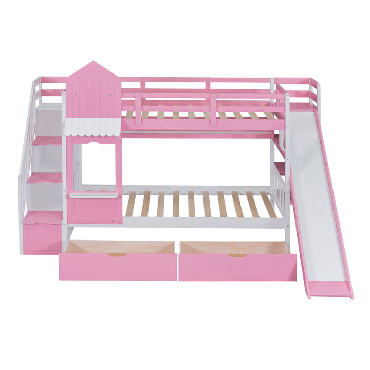 Twin Over Twin Castle Style Bunk Bed with 2 Drawers 3 Shelves and Slide Pink