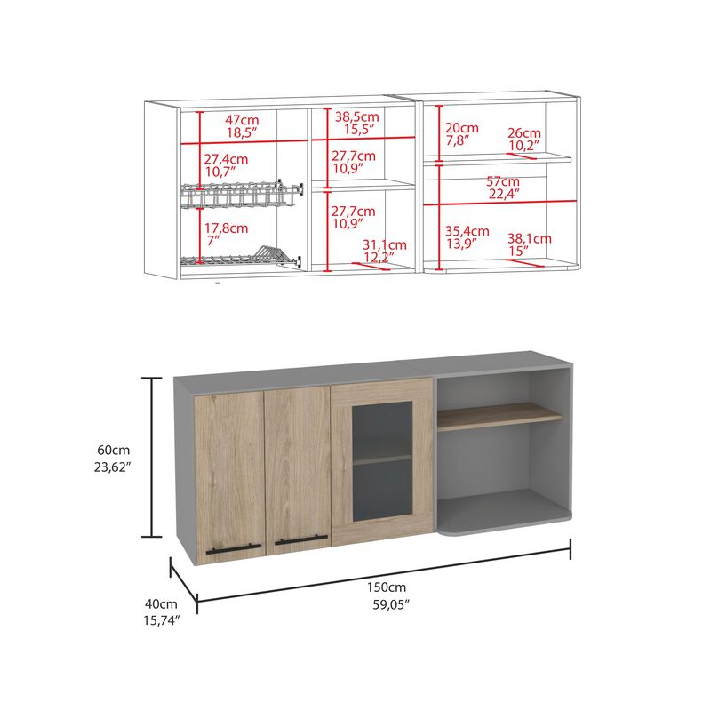 Hasselt Wall Cabinet, Double Door, Glass Cabinet, Rack -Light Pine