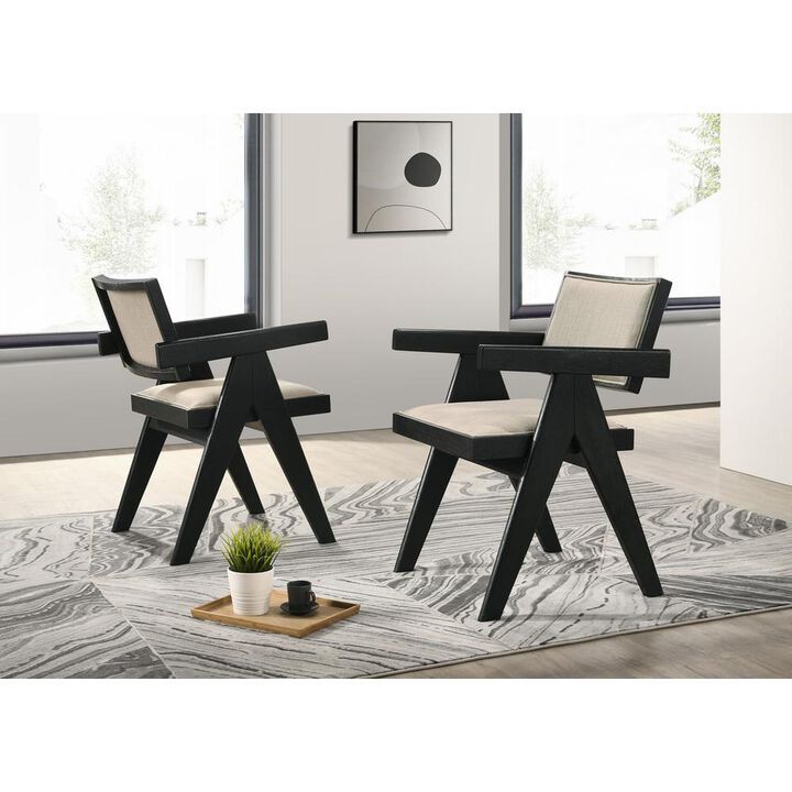 Jasper 21"W Set of 2 Ebony Black Dining Arm Chairs with Beige Upholstered Seat