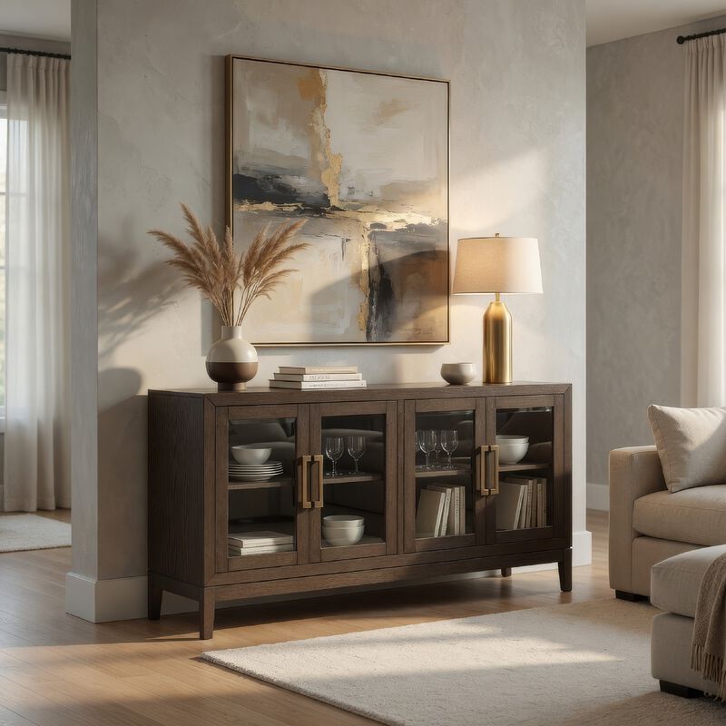 60 Inch Sideboard Display Server, 2 Glass Double Door Cabinets, Dark Brown image number 6