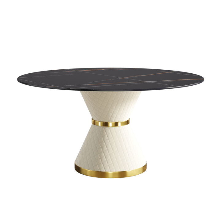 59.05" Modern artificial stone round white carbon steel base dining table-can accommodate 6 people