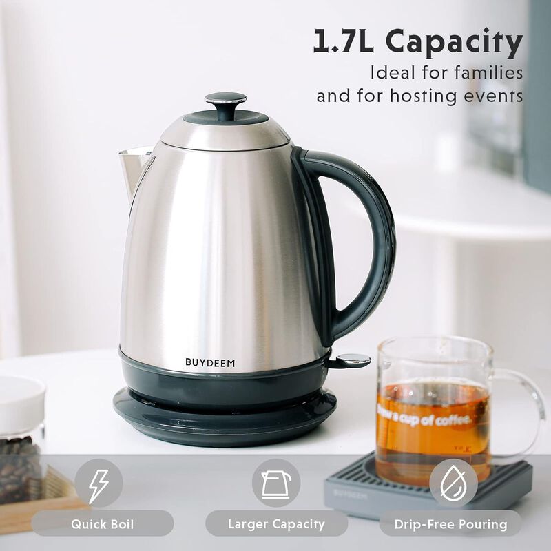 BUYDEEM K640 Stainless Steel Electric Tea Kettle with Auto Shut-Off and Boil Dry Protection, 1.7 Liter Cordless Hot Water Boiler with Swivel Base, 1440W image number 3