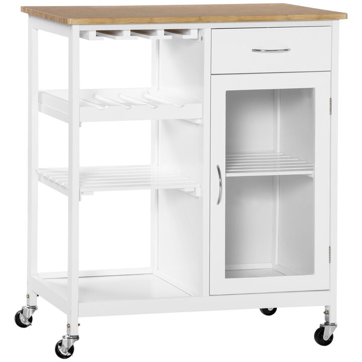 Rolling Kitchen Island Cart on Wheels, Portable Kitchen Cart with Slatted Shelf, Bamboo Grain Tabletop and Handle, Acrylic Door, White