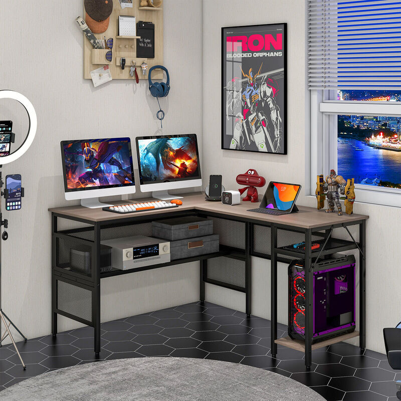 L-Shaped Computer Desk with Charging Station and Adjustable Shelf-Gray image number 2
