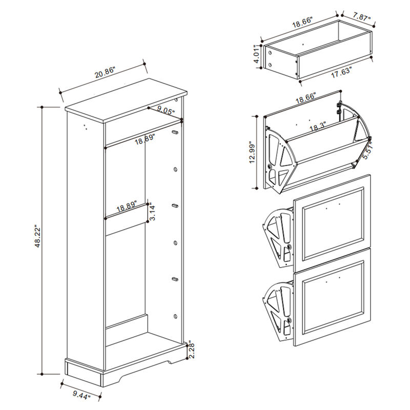 48.22 in. H x 20.86 in. W Antique White Shoe Cabinet with 1 Drawer and 3 Flip Drawers