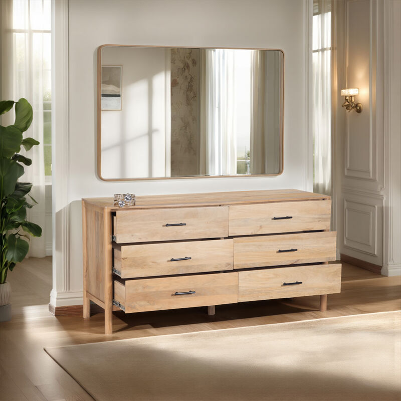 Geti 6 Drawers, 66 Inch Wide Dresser, Handcrafted Natural Oak White Mango Wood, Black Handles