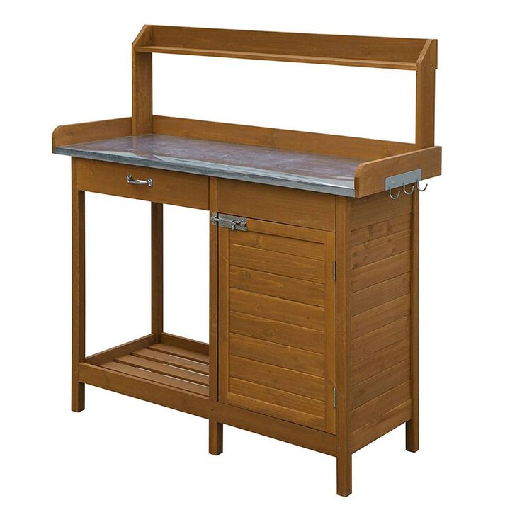 QuikFurn Outdoor Home Garden Potting Bench with Metal Table Top and Storage Cabinet