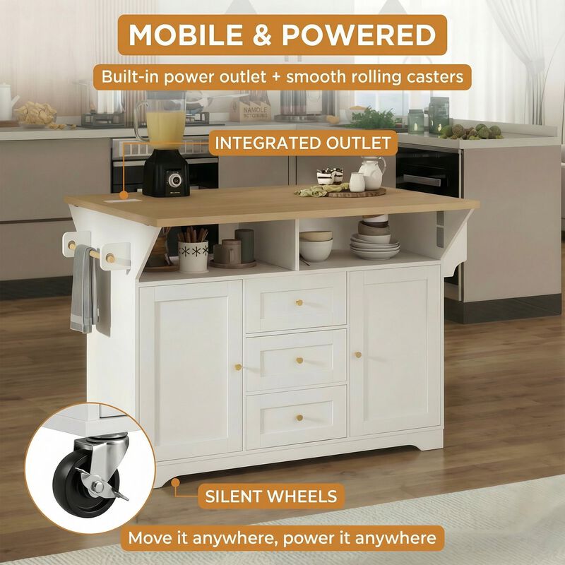 Rolling Kitchen Island with Power Outlet, Spice Rack & 2 Drop Leaf image number 4