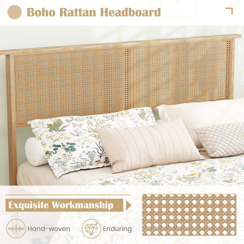 Modern Bed Frame with Rattan Headboard and Wood Slat Support-Natural image number 6