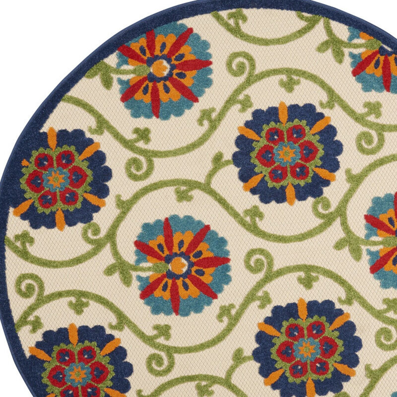 HomeRoots 4' Navy Blue Beige Green Blue And Red Round Floral Indoor Outdoor Area Rug image number 3