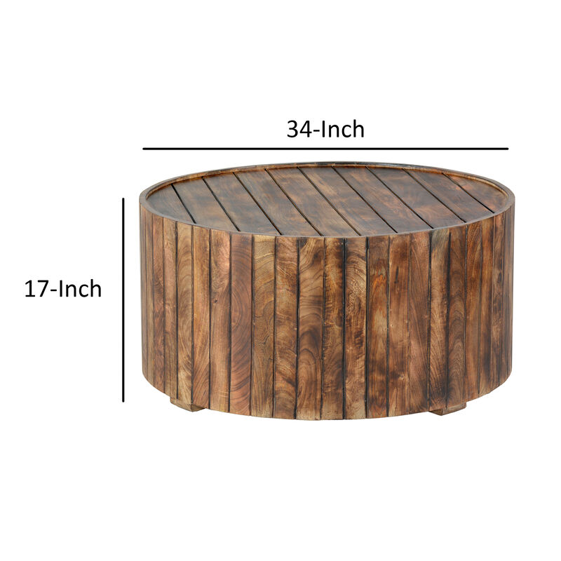 34 Inch Handmade Wooden Round Coffee Table with Plank Design, Burned Brown-Benzara