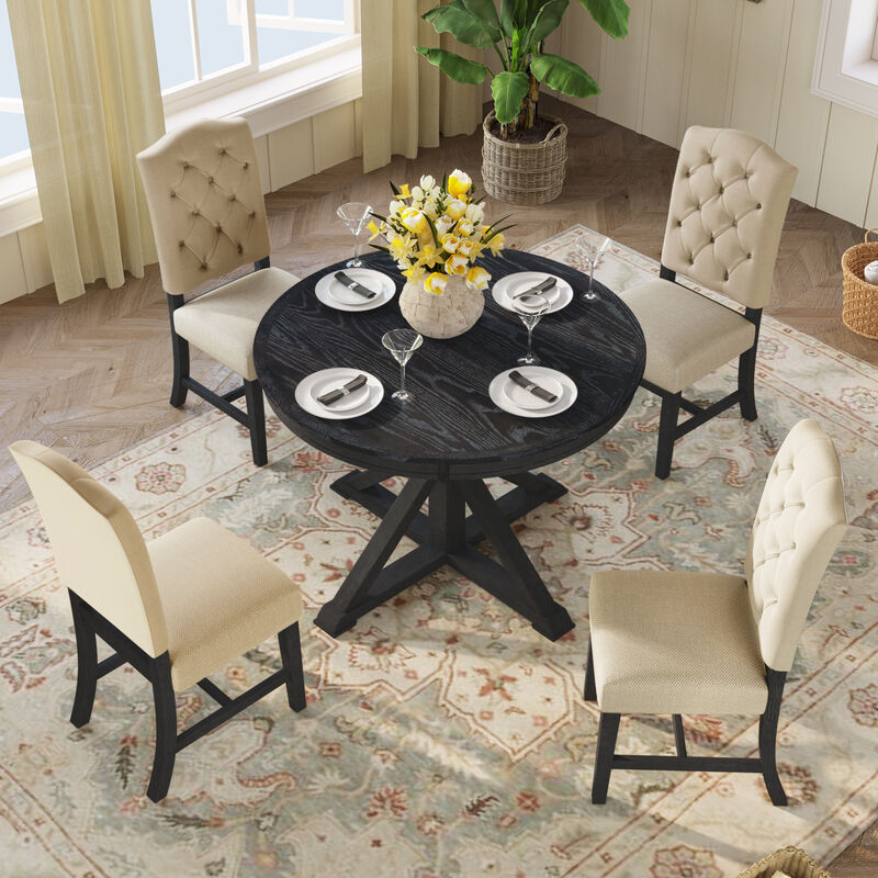 Whisen Retro Style Dining Table Set with Extendable Table and 4 Upholstered Chairs - Off-white