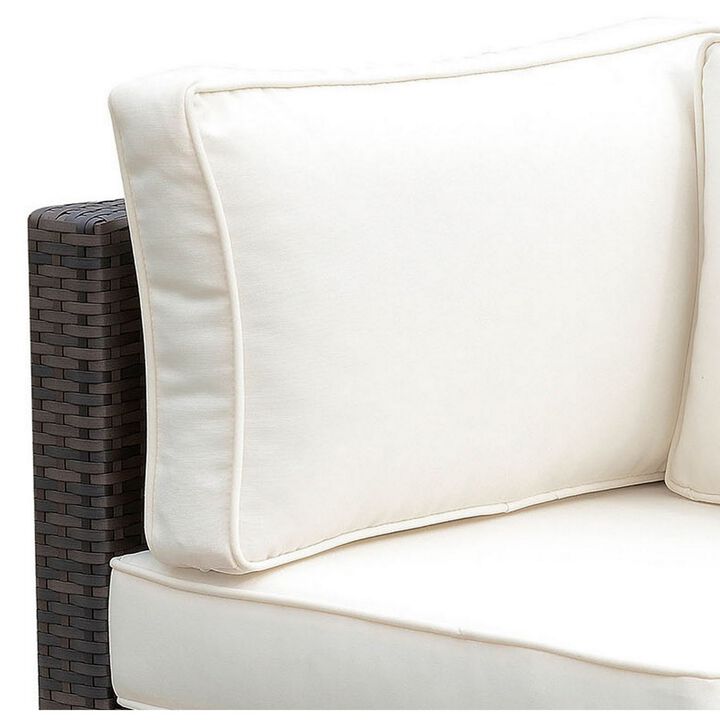Faux Rattan Corner Chair with 1 Seat & 2 Back Cushions, Brown And Ivory-Benzara