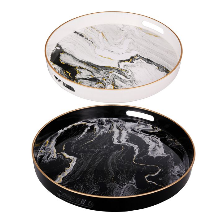 Set of 2 Round Accent Trays, Tabletop Decor, Marbling, Black, White, Gold - Benzara