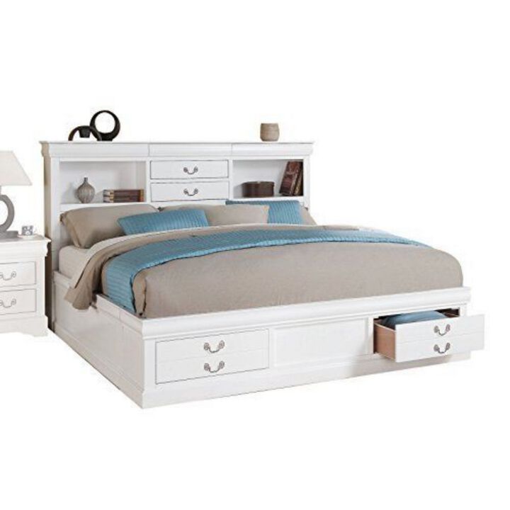 Luxurious And Stylish Queen Size Bed With Storage, White-Benzara