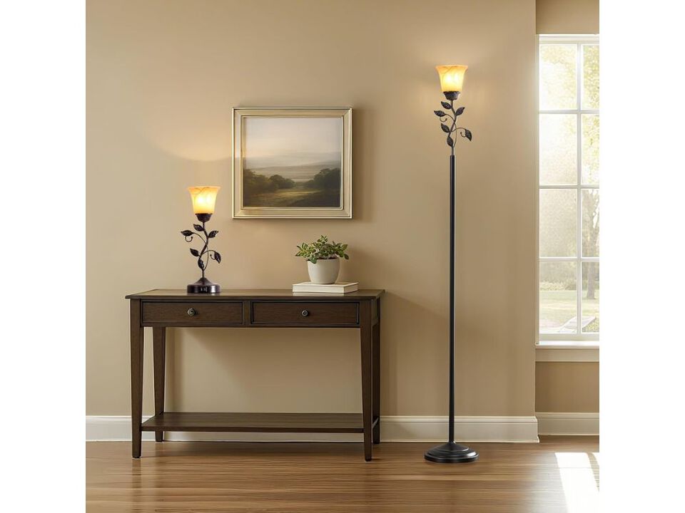 72 Inch Farmhouse Floor Lamp Rustic Leaf Design with Amber Shade for Living Room