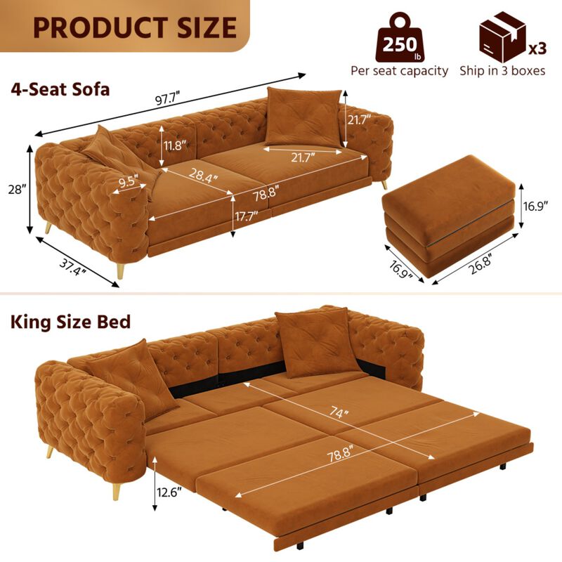 Whisen 97.7" 4-Seat Convertible Sleeper Sofa, Velvet 3-in-1 with Ottoman for Apartment Office image number 9