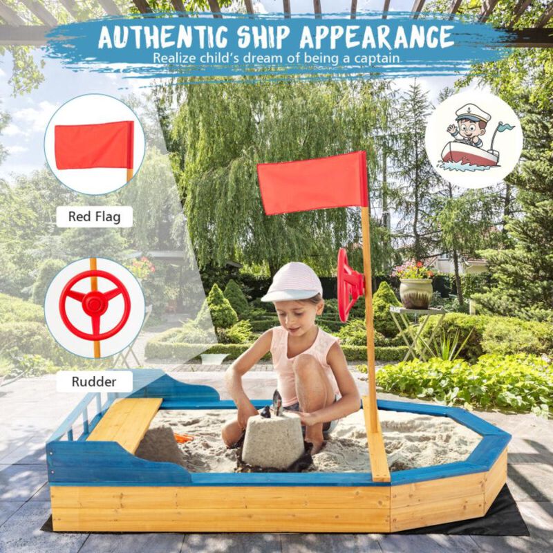 Hivvago Kids' Pirate Boat Sandbox with Flag and Rudder