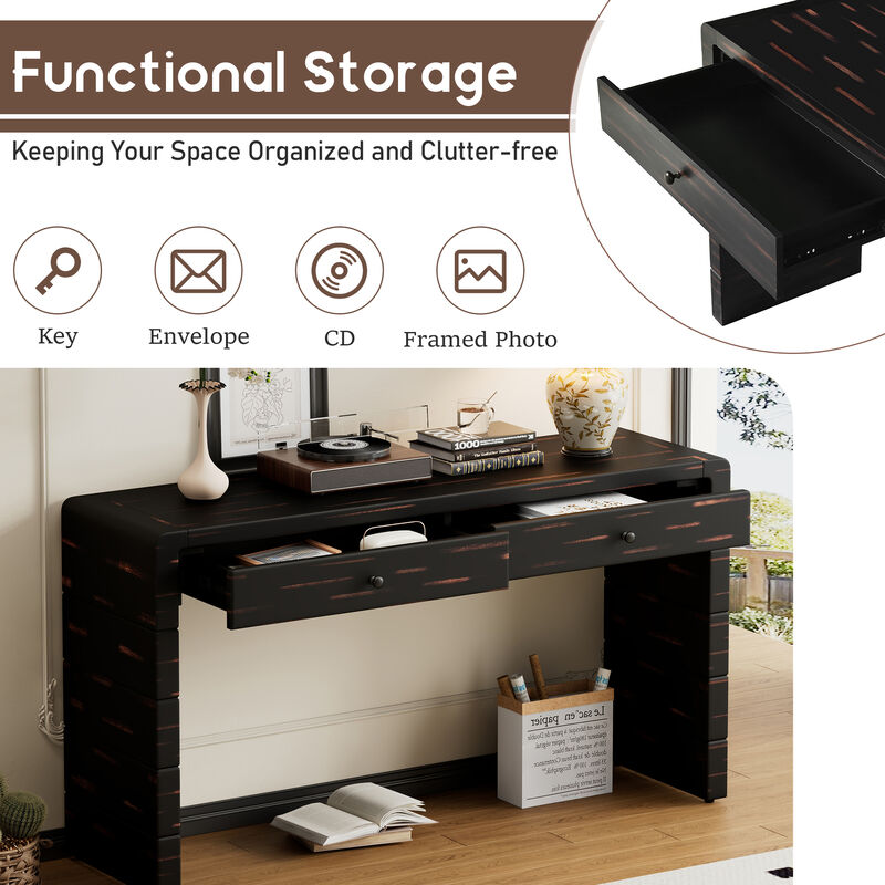 Curved Console Table with Storage, Wooden Entryway Table with 2 Drawers