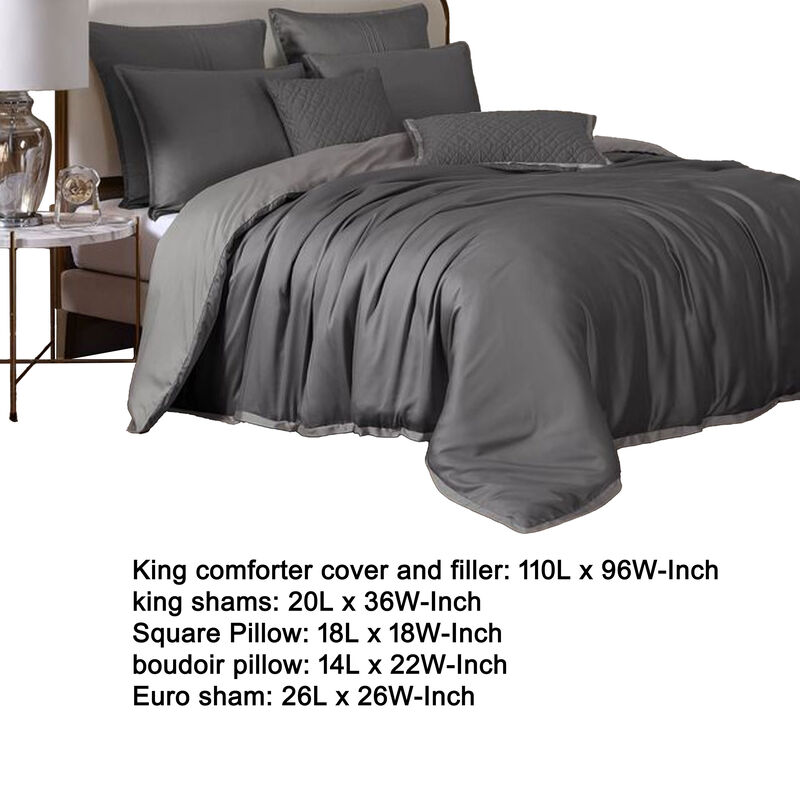 Keo 9pc King Comforter Set, Reversible, Shams, Dark Gray Silky Fabric