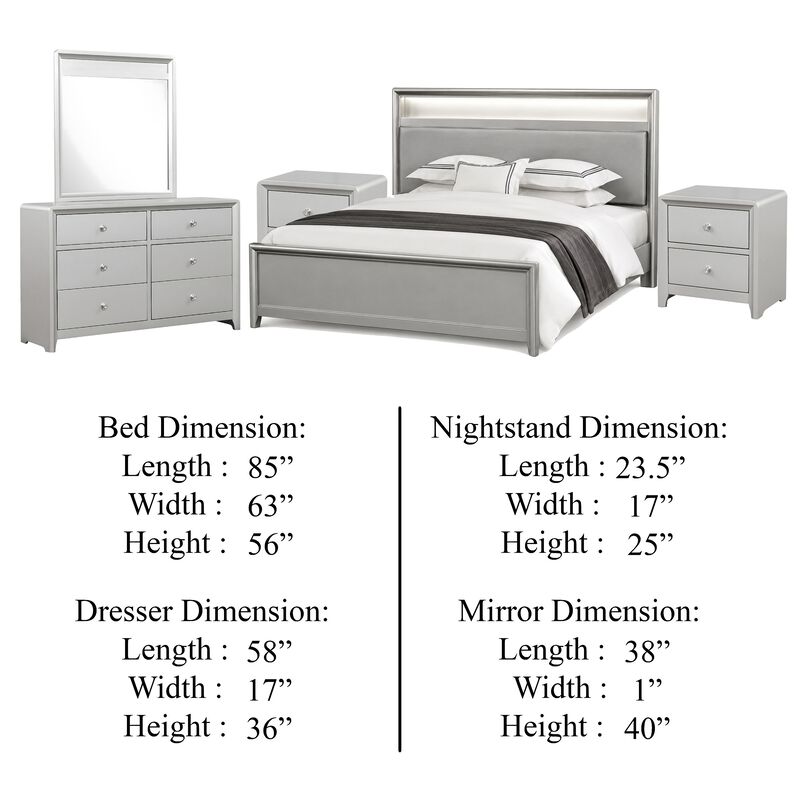 Broy 5pc Queen Bedroom Set, LED Bookcase Headboard, 2 Nightstands, Silver image number 5