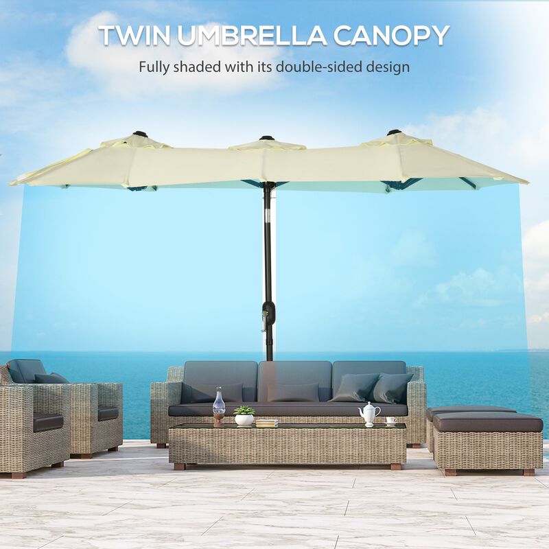 Brown Double-sided Umbrella: 9.5' Patio Umbrella with Tilt, Crank, Air Vents, 12 Ribs