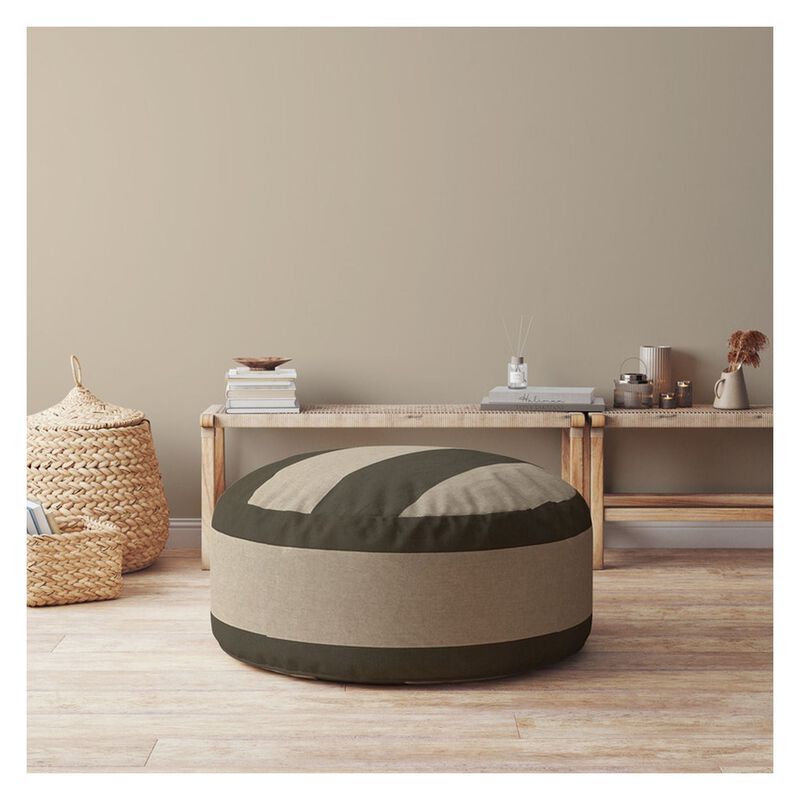 Homezia 24" Green And Beige Cotton Round Pouf Ottoman image number 2