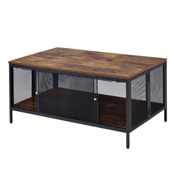 Metal Coffee Table with 1 Bottom Shelf and Mesh Design, Brown and Gray-Benzara