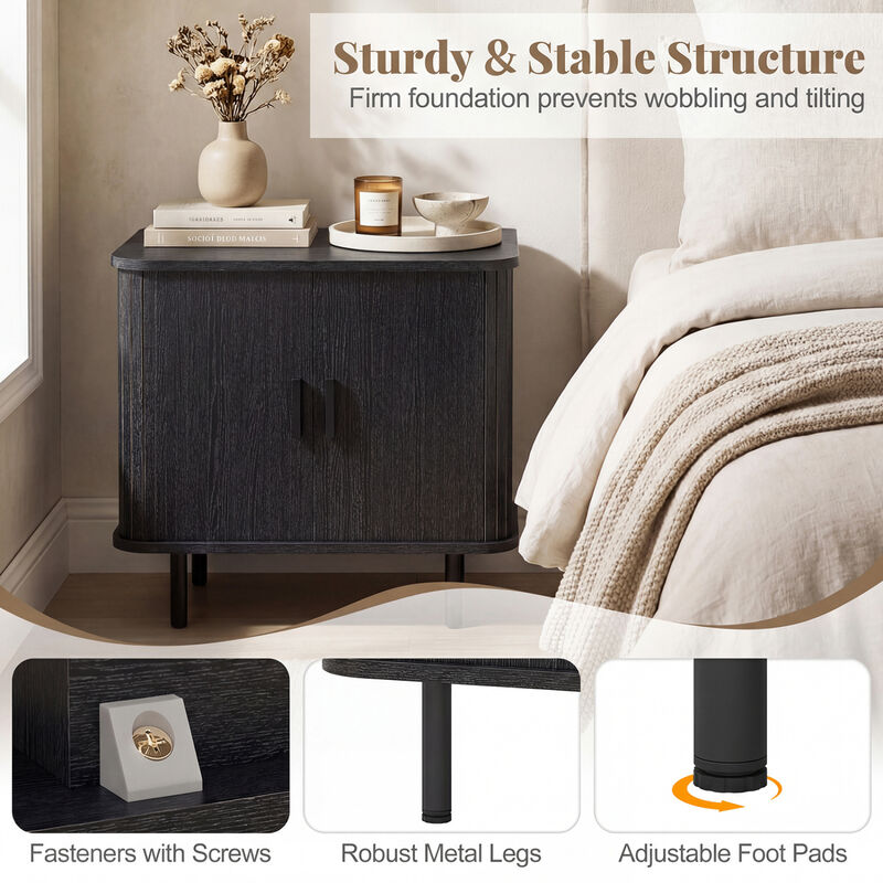 Modern Bedside Nightstand with Sliding Doors and Open Shelf for Bedroom image number 4