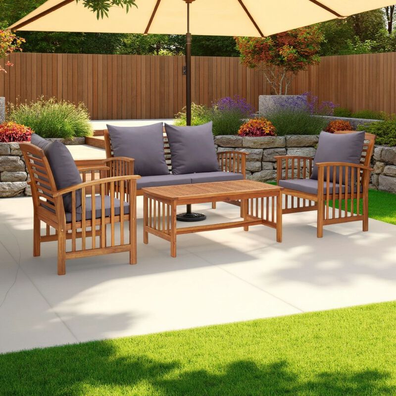 Mia 4pc Patio Lounge Set, 2 Chairs, Sofa, Table, Gray Cushions, Brown - Benzara