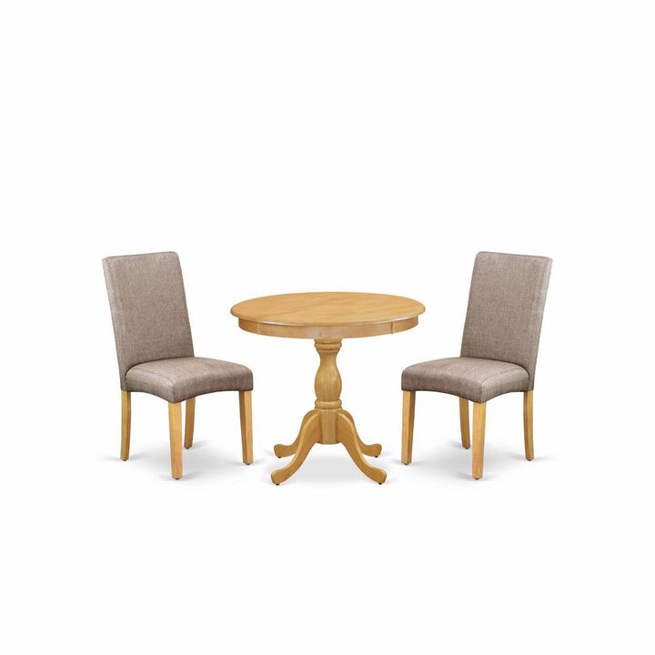 AMDR3-OAK-16 3 Piece Dining Table Set - 1 Pedestal Dining Table and 2 Dark Khaki Parson Chairs - Oak Finish