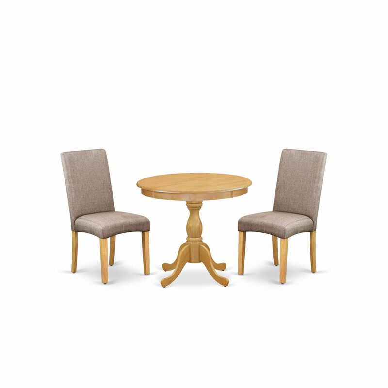 AMDR3-OAK-16 3 Piece Dining Table Set - 1 Pedestal Dining Table and 2 Dark Khaki Parson Chairs - Oak Finish