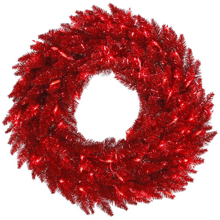 Vickerman 24" Tinsel Red Fir Artificial Christmas Wreath, Red Dura-Lit LED Lights. - Faux Tinsel Christmas Wreath - Indoor Seasonal Home Decor