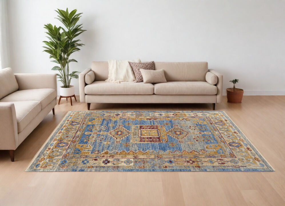HomeRoots Wool Geometric Hand Knotted Area Rug With Fringe