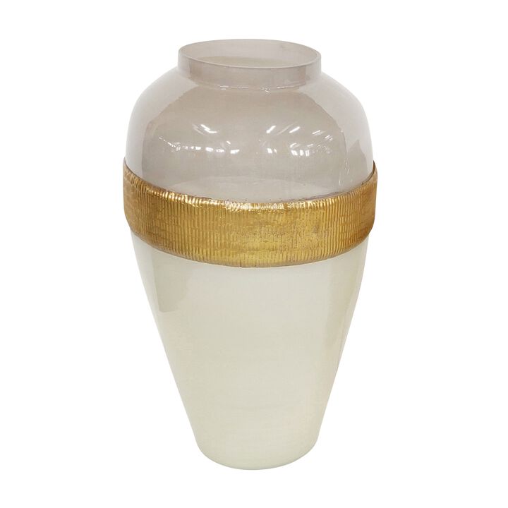 Glass Frame Vase with Tapered Body Design, White and Brass - Benzara