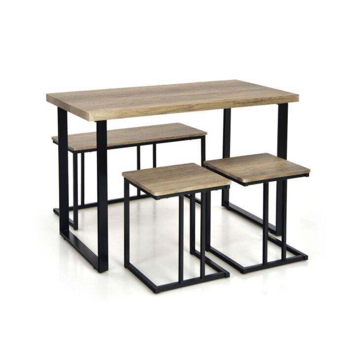 Hivvago 4 Pieces Industrial Dinette Set with Bench and 2 Stools-Oak