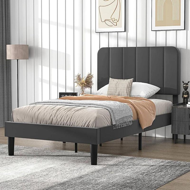 Hivvago Twin size Dark Grey Upholstered Platform Bed Frame with Headboard