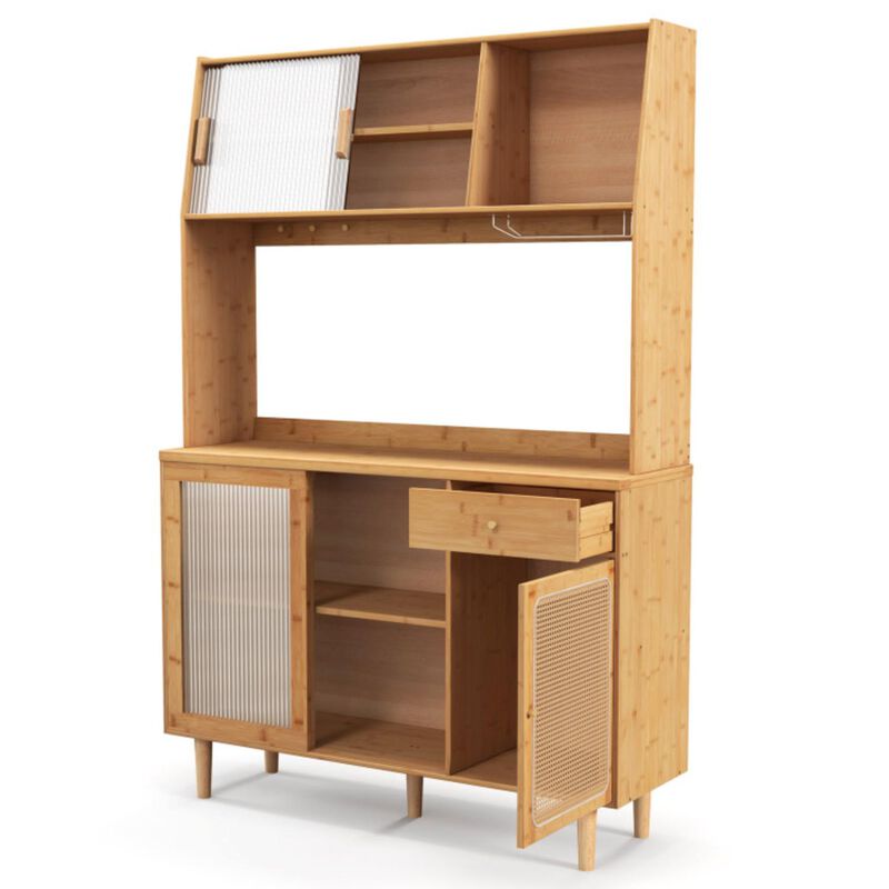 Hivvago 69 Inch Wine Bar Kitchen Cabinet with Sliding Tempered Glass and Rattan Door-Natural