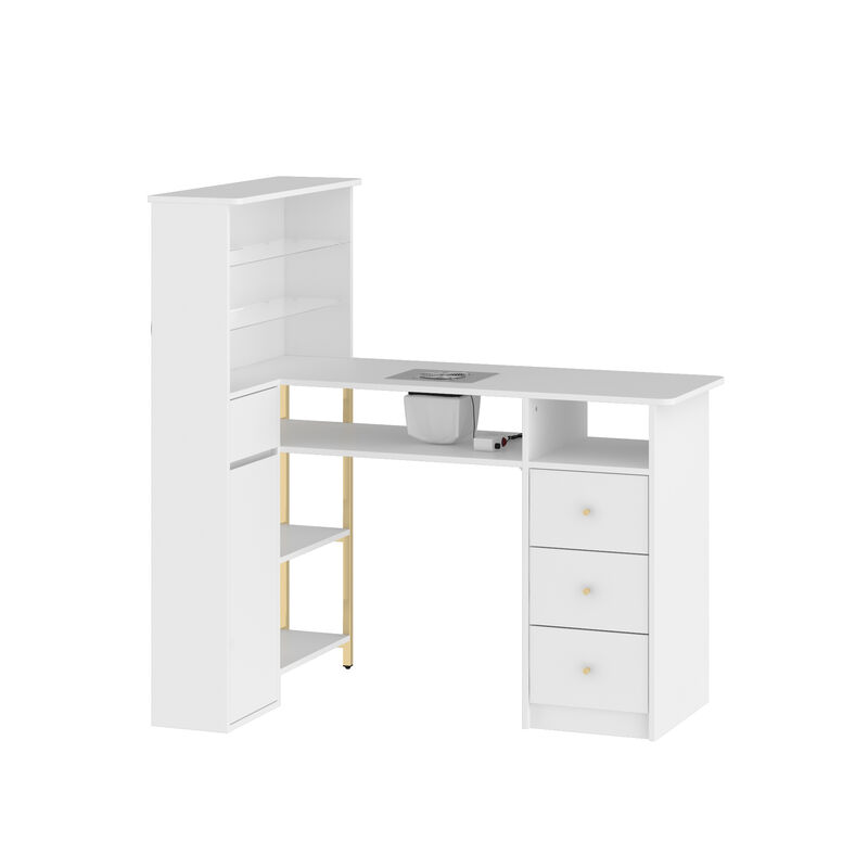 FUFU&GAGA Nail Station with Gold Handles Tempered Glass Top Integrated Vacuum and LED Shelves 47.2''L x 29.5''W x 49.8''H White