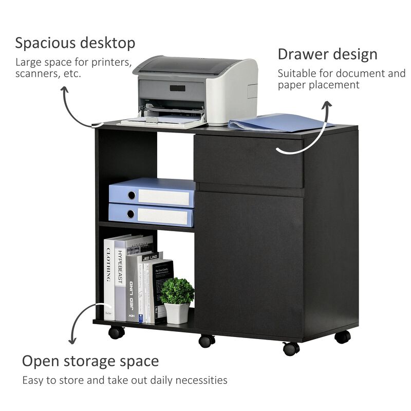 Filing Cabinet/Printer Stand with Open Storage Shelves, for Home or Office Use, Including an Easy Drawer, Black