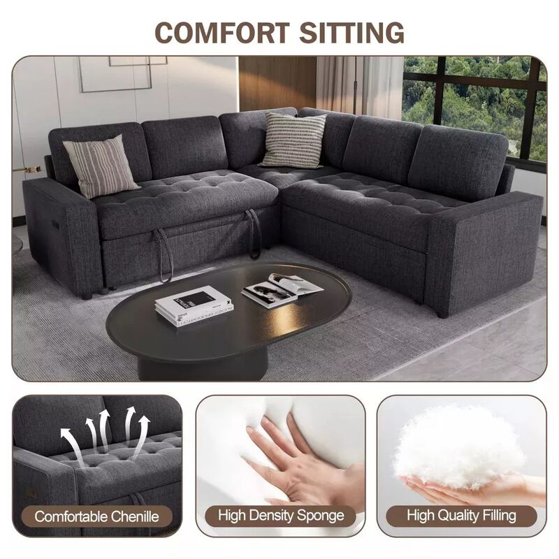 Vipbear 79" 5-Seat L-Shaped Sectional Sleeper Sofa Bed, Chenille Pull-Out Couch with Backrest image number 6